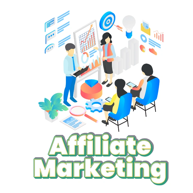 Illustration depicting a group of people engaged in affiliate marketing, featuring a man working on a laptop, a woman presenting data on a board, and two individuals seated with devices, surrounded by marketing-related graphics.
