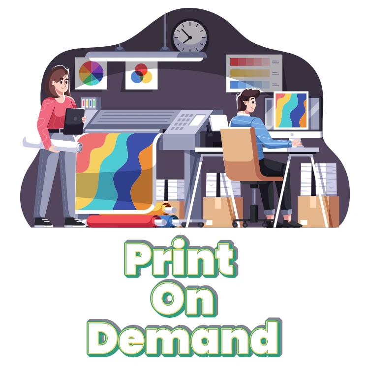 Illustration of a print on demand workspace featuring two individuals: one operating a large printer and the other working on a computer, surrounded by colorful designs and materials.