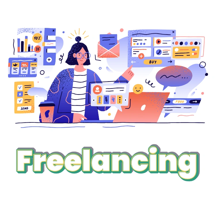 An illustrated image featuring a person working on a laptop surrounded by various digital elements like graphs, emails, and icons, with the word 'Freelancing' prominently displayed at the bottom.